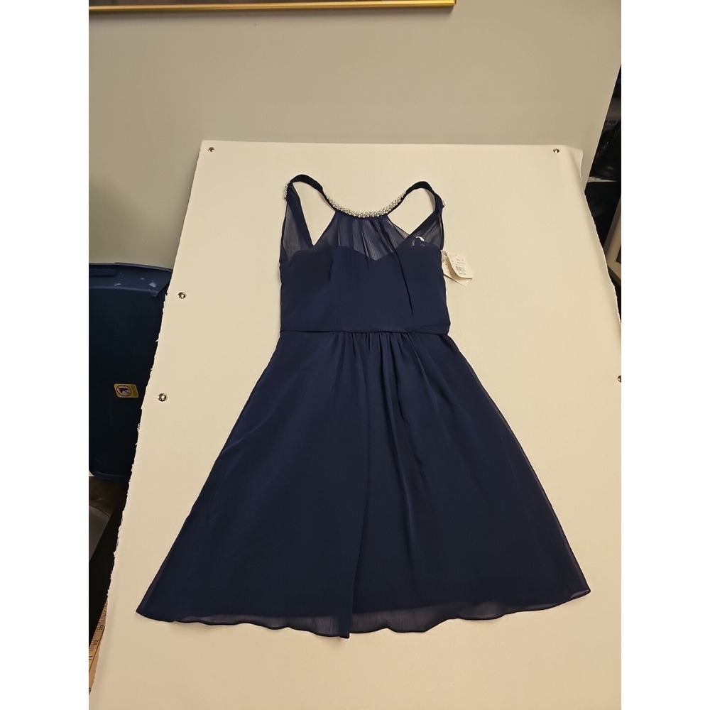 Davids Bridal Marine Blue Chiffon Beaded Neck Cocktail Dress W11082 Size 8 NEW
